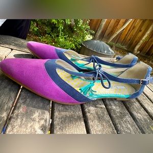 Boden Alice tricolor suede flats- t-strap, ankle strap, tassel tie